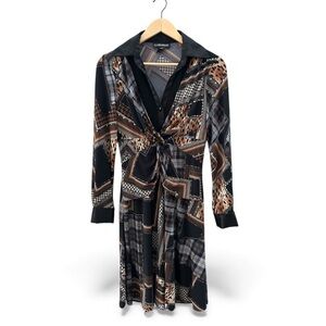 Frank Lyman Long Sleeve Art Deco Collared Embellished Patchwork Midi Dress